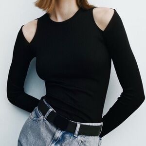 ZARA NWT Black Cold Shoulder Knit Long Sleeve Top Size S